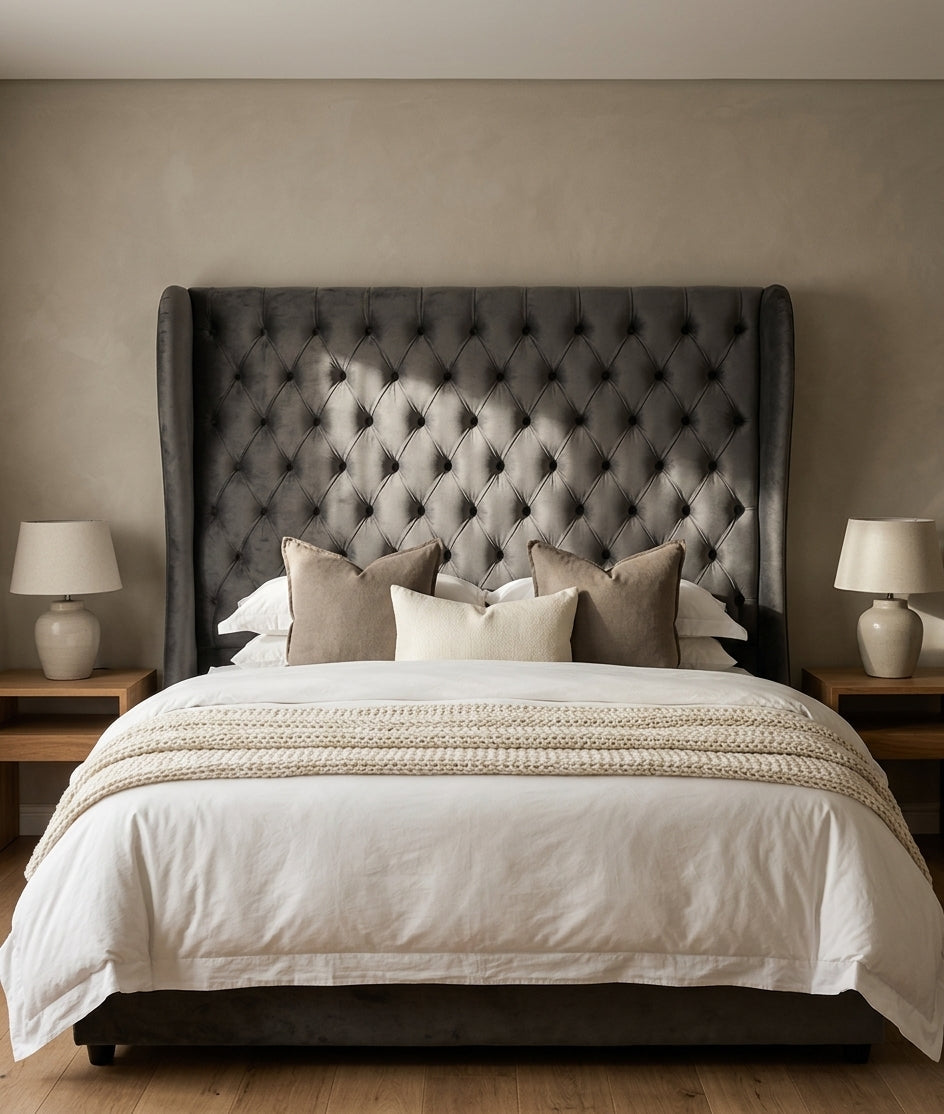 Charcoal Grey Curve-Winged Deep Diamond Tufted Headboard