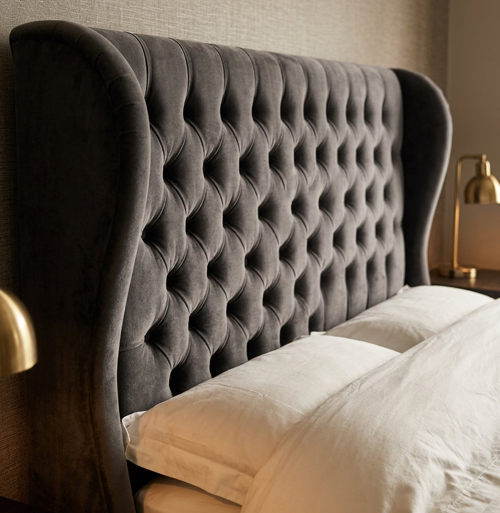 Charcoal Grey Curve-Winged Deep Diamond Tufted Headboard