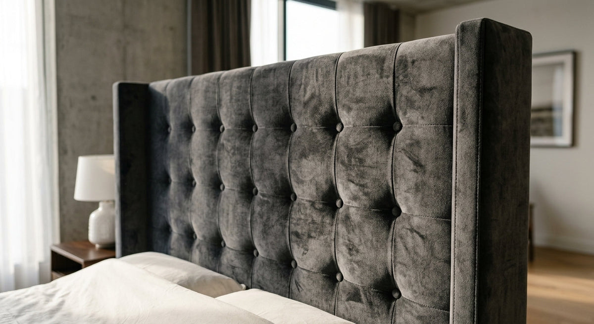 Charcoal Grey Tufted Wingback Headboard